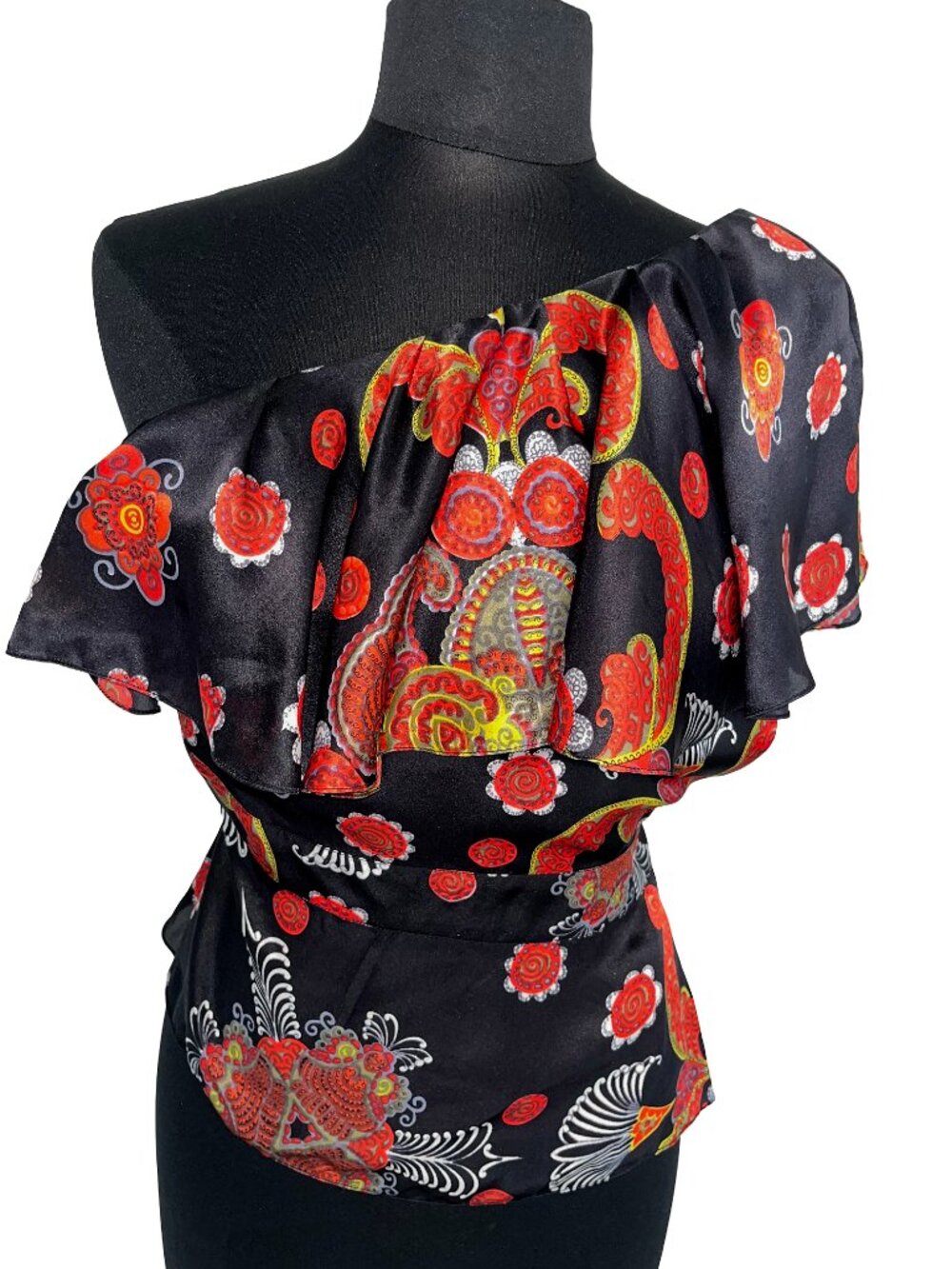 Y2K French Connection 100% Silk Paisley Asymmetrical Ruffle Top